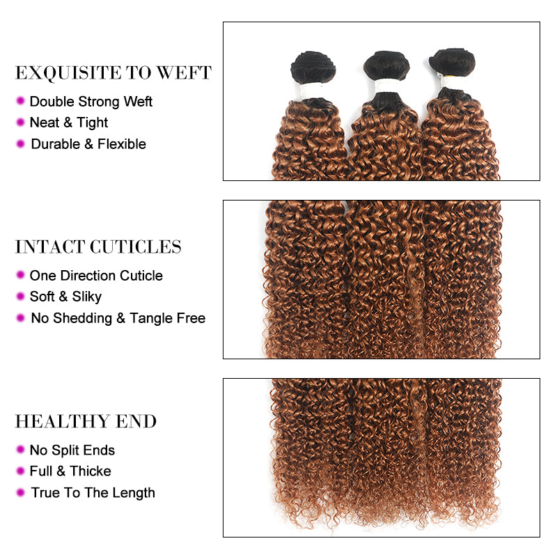 Kemy Hair Ombre Ginger Brown Kinky Curly Human Hair 4Bundles with 4×4 Lace Closure