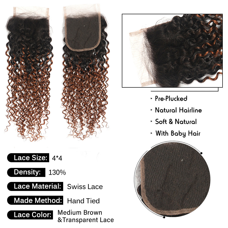 Kemy Hair Ombre Ginger Brown Kinky Curly Human Hair 4Bundles with 4×4 Lace Closure