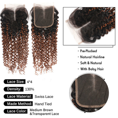 Kemy Hair Ombre Ginger Brown Kinky Curly  Human Hair 3Bundles with 4×4 Lace Closure