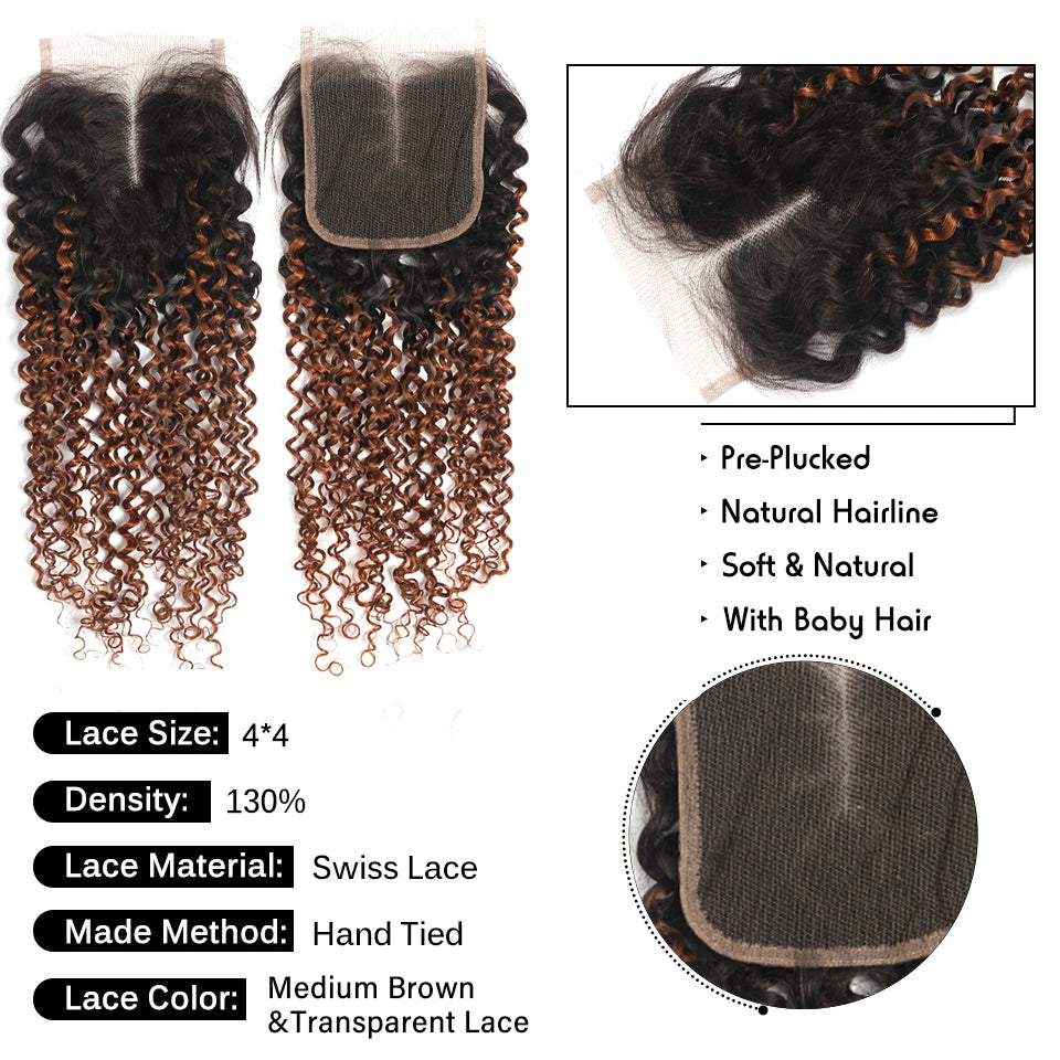 Kemy Hair Ombre Ginger Brown Kinky Curly Human Hair 4Bundles with 4×4 Lace Closure