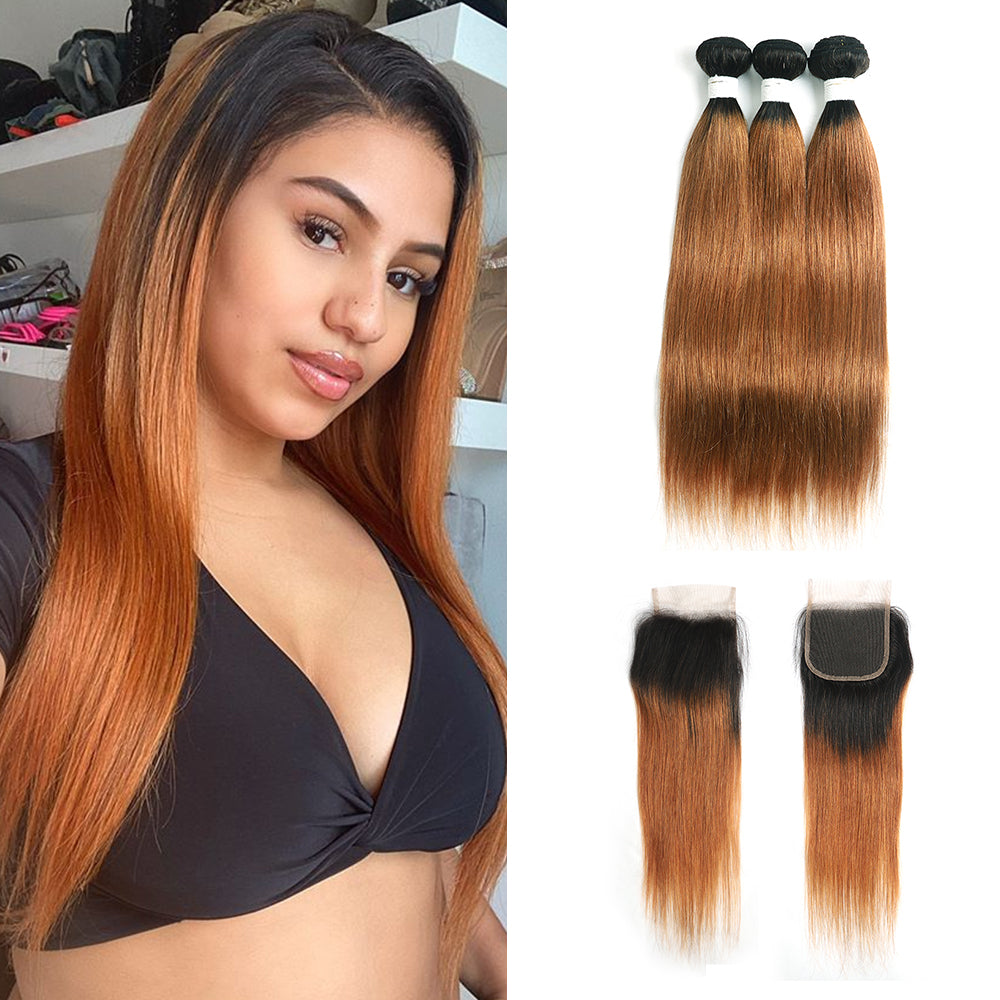 Kemy Hair Ombre Ginger Brown Straight Human Hair 3Bundles with 4×4 Lace Closure