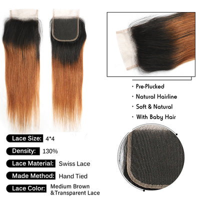 Kemy Hair Ombre Ginger Brown Straight Human Hair 3Bundles with 4×4 Lace Closure