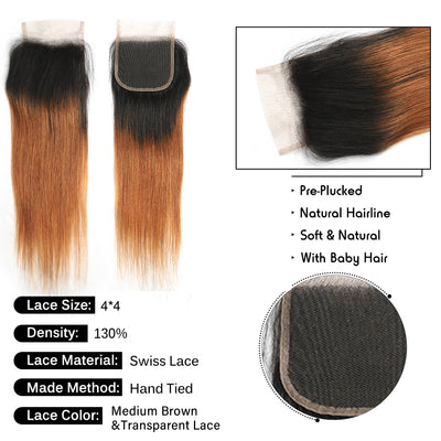 Kemy Hair Ombre Ginger Brown Straight Human Hair 4 Bundles with 4×4 Lace Closure
