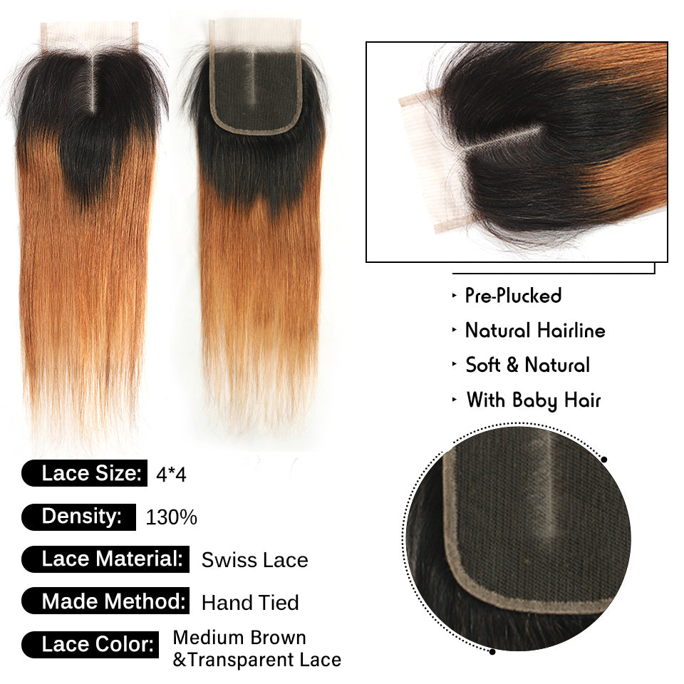 Kemy Hair Ombre Ginger Brown Straight Human Hair 3Bundles with 4×4 Lace Closure