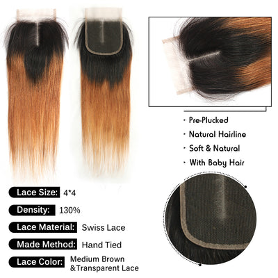 Kemy Hair Ombre Ginger Brown Straight Human Hair 3Bundles with 4×4 Lace Closure