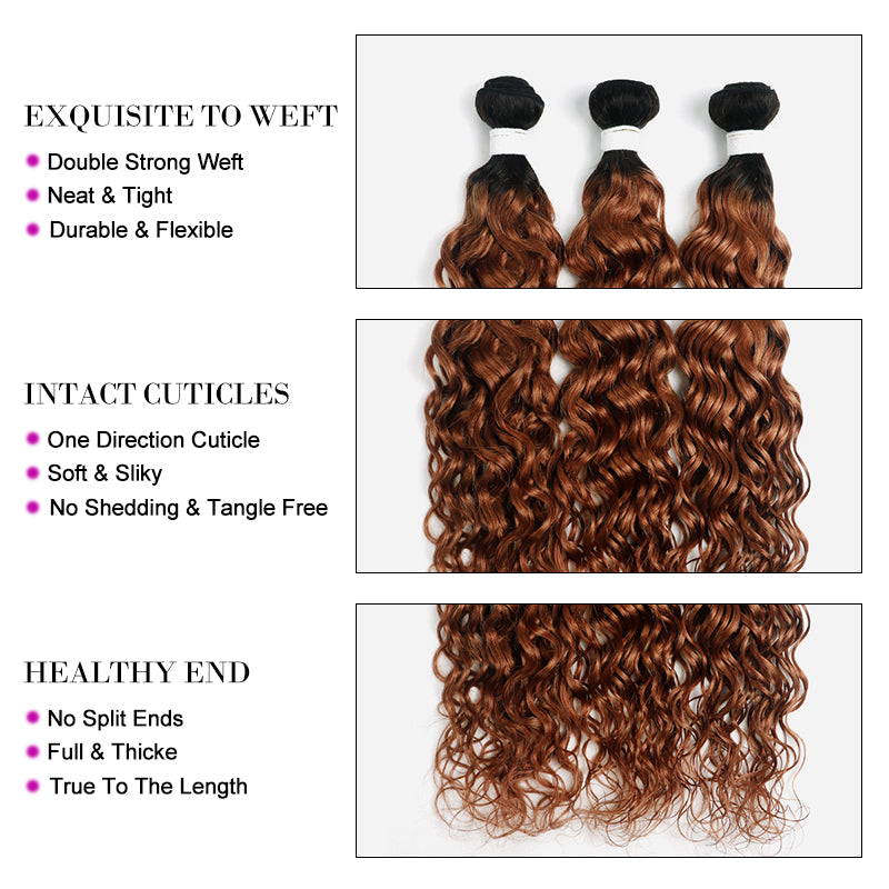 Kemy Hair Ombre Ginger Brown Water Wave Human Hair 4Bundles with 4×4 Lace Closure