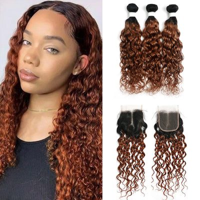 Kemy Hair Ombre Ginger Brown Water Wave 3 Bundles with 4×4 Lace Closure