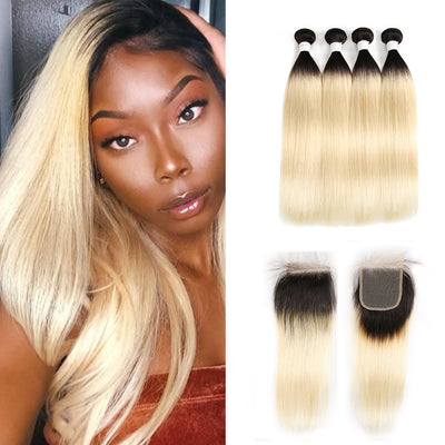 Straight Ombre Blond Remy 4 Human Hair Bundles with One 4×4 Free/Middle Lace Closure (1B/613) (3947290755142)