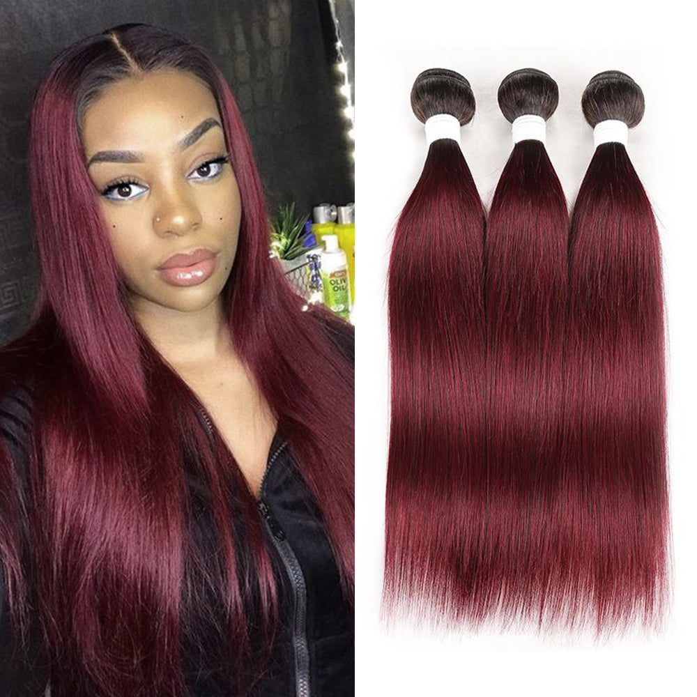 Kemy Hair Ombre Maroon Red Straight Three Human Hair Bundles