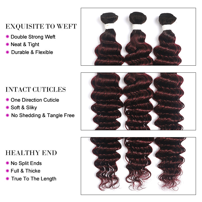 Kemy Hair Ombre Red Wine Deep Wave Human Hair 3Bundles with 4×13 Lace Frontal