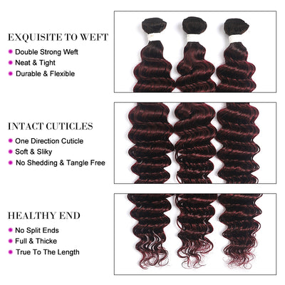 Kemy Hair Ombre Red Wine Deep Wave Human Hair 3Bundles with 4×13 Lace Frontal