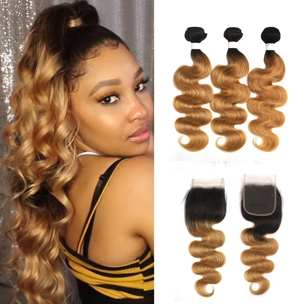 Ombre 27 Body Wave 3 Human Hair Bundles with One 4×4 Free/Middle Lace Closure (4249222971462)