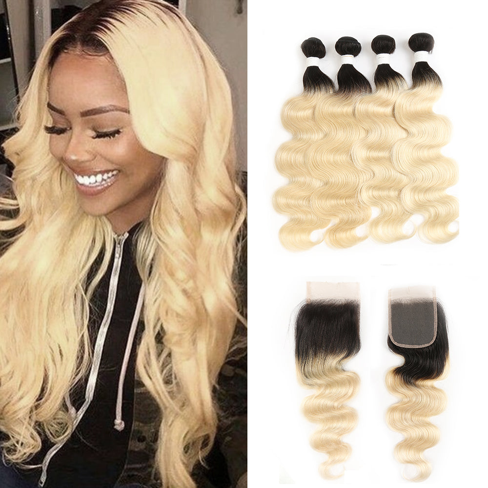 Ombre Blond Body Wave Remy 4 Human Hair Bundles with One 4×4 Free/Middle Lace Closure (1B/613) (3947290165318)