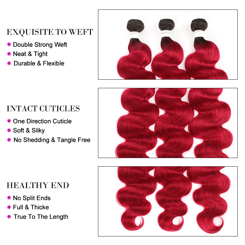 Kemy Hair Ombre BURG Body Wave Three Human Hair Bundles