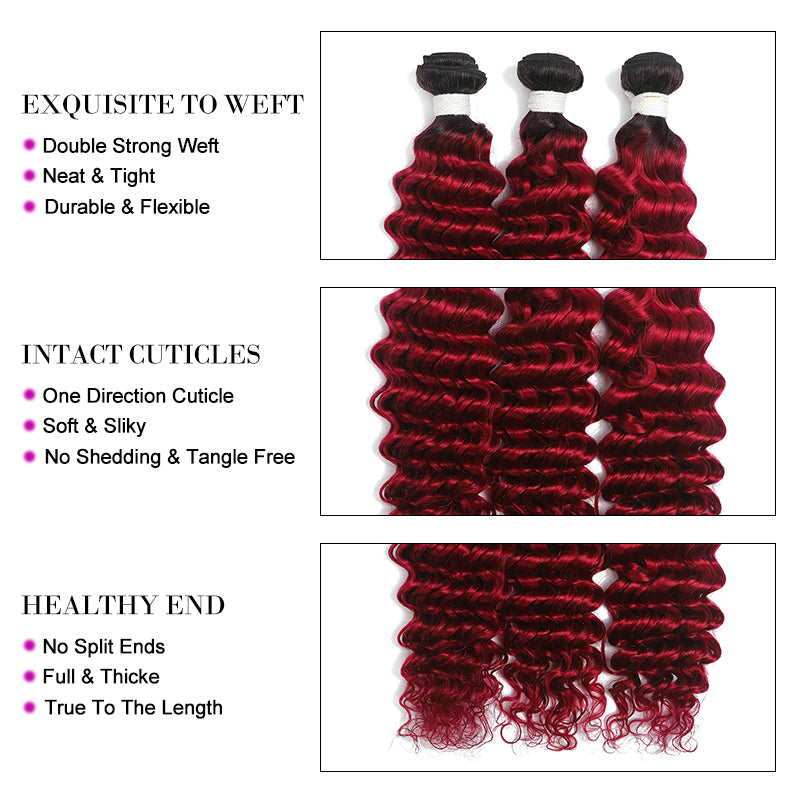 Kemy Hair Ombre BURG Deep Wave Four Human Hair Bundles