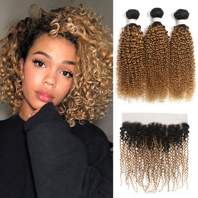 Kemy Hair Kinky Curly Ombre Honey Blonde 3 Bundles with one Free/Middle Part Lace Frontal (T1B/27)