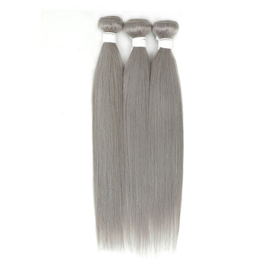 Kemy Hair Straight Silver Gray Remy 3Bundles Human Hair with 4×4 Lace Closure