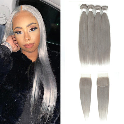 Kemy Hair Straight Silver Gray Remy 4Bundles Human Hair with 4×4 Lace Closure