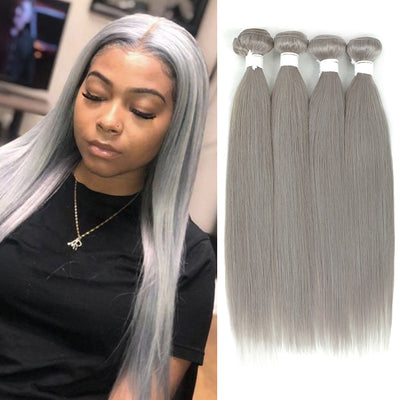 Straight Silver Gray Remy Four Human Hair Bundles 10''-26''