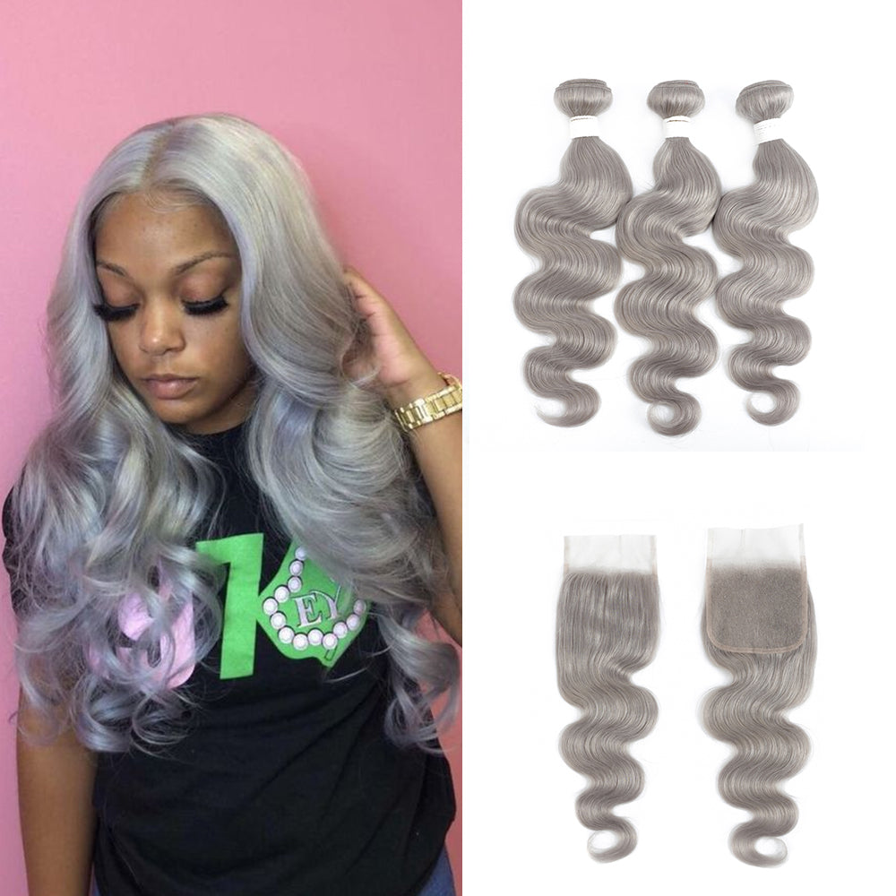 Kemy Hair Body Wave Silver Gray Remy 3Bundles Human Hair with 4×4 Lace Closure