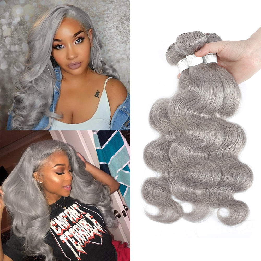 Kemy Hair Body Wave Silver Gray Remy Three Human Hair Bundles 10''-26''