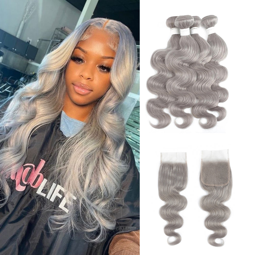 Kemy Hair Body Wave Silver Gray Remy 4Bundles Human Hair with 4×4 Lace Closure