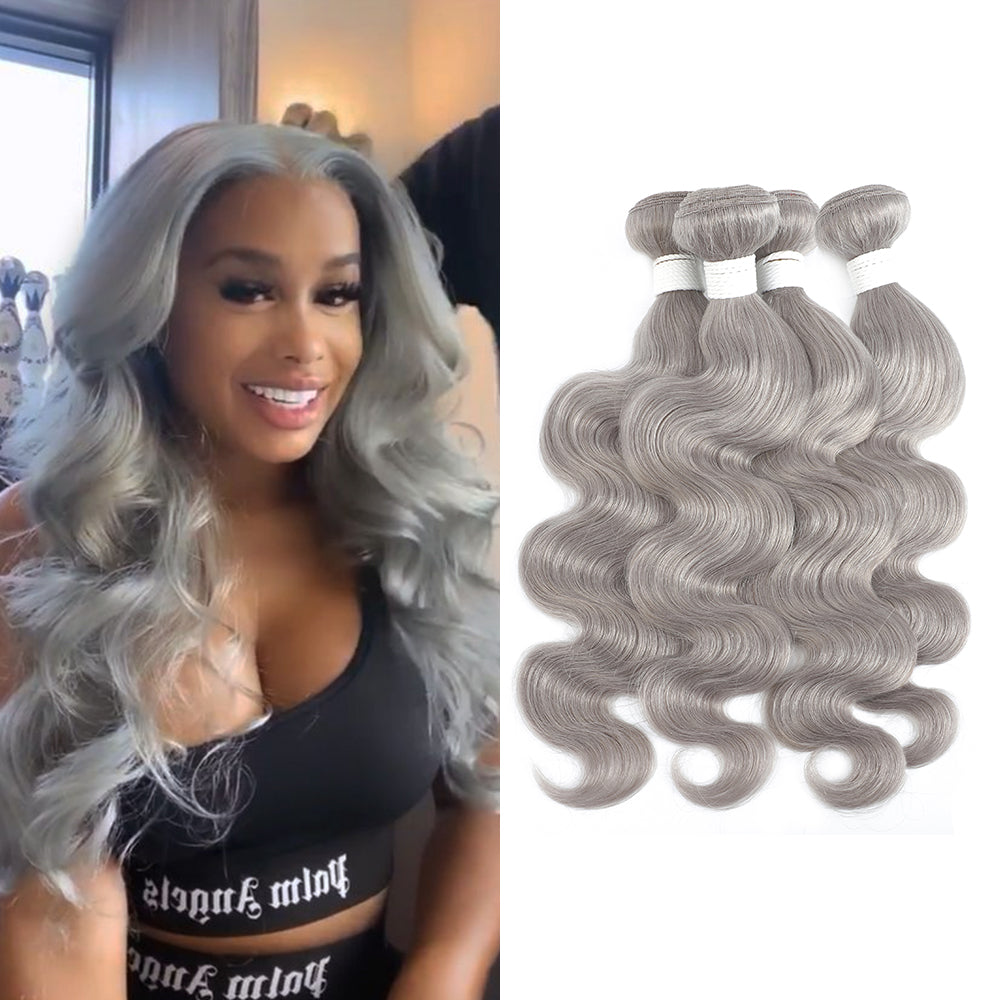 Kemy Hair Body Wave Silver Gray Colored Remy Human Hair Bundles 4 PCS