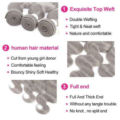 Kemy Hair Body Wave Silver Gray Remy 3Bundles Human Hair with 4×4 Lace Closure