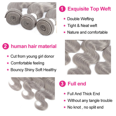 Kemy Hair Body Wave Silver Gray Remy 4Bundles Human Hair with 4×4 Lace Closure