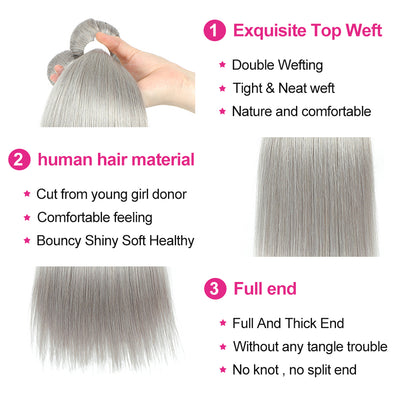 Kemy Hair Straight Silver Gray Remy 4Bundles Human Hair with 4×4 Lace Closure