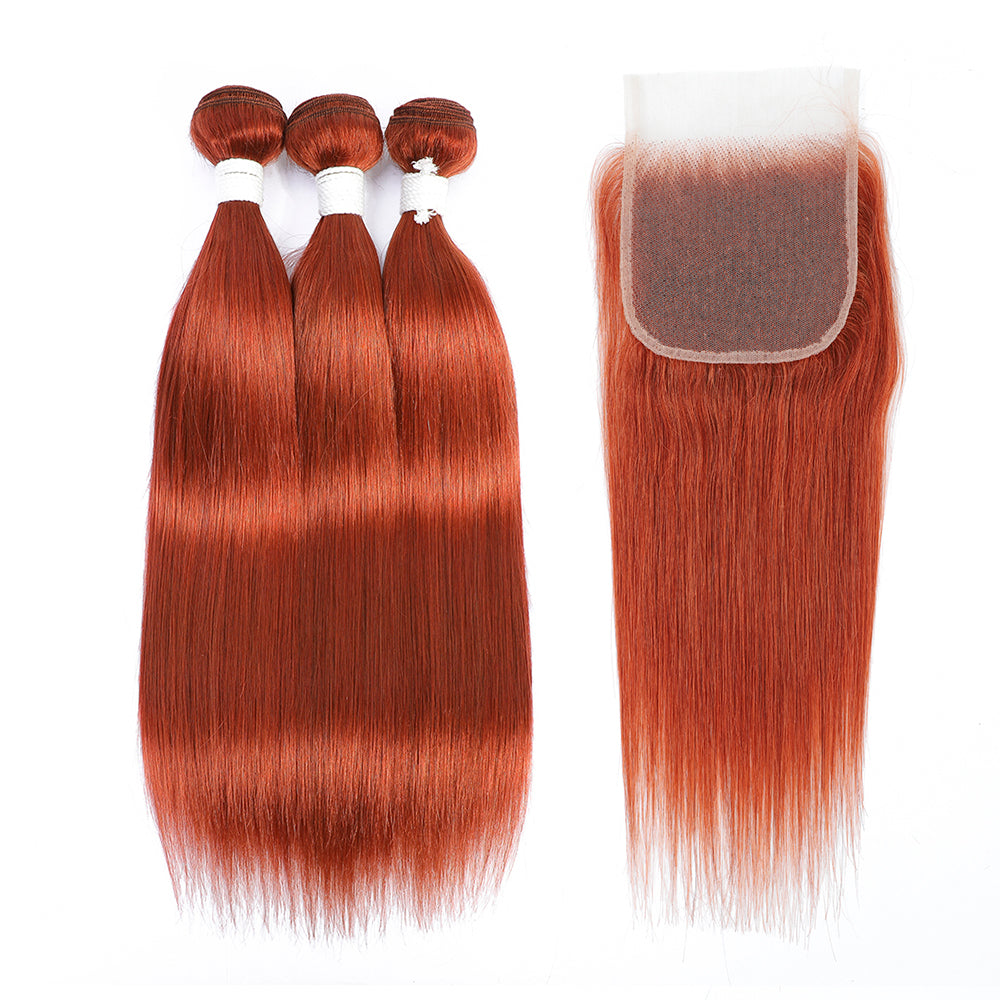 Kemy Hair Straight Ginger Human Hair 3 Bundles with 4×4 Lace Closure (350#)