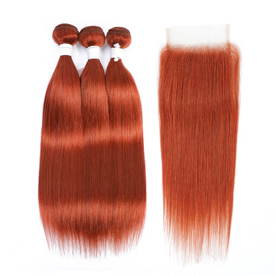 Kemy Hair Straight Ginger Human Hair 3 Bundles with 4×4 Lace Closure (350#)