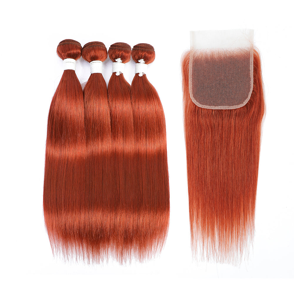 Kemy Hair Straight Burnt Orange Remy Human Hair 4Bundles with 4×4 Lace Closure(350#)