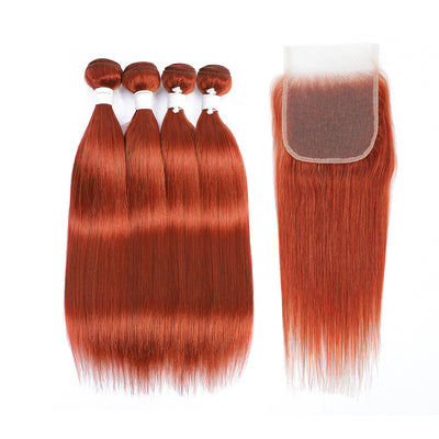 Kemy Hair Straight Burnt Orange Remy Human Hair 4Bundles with 4×4 Lace Closure(350#)