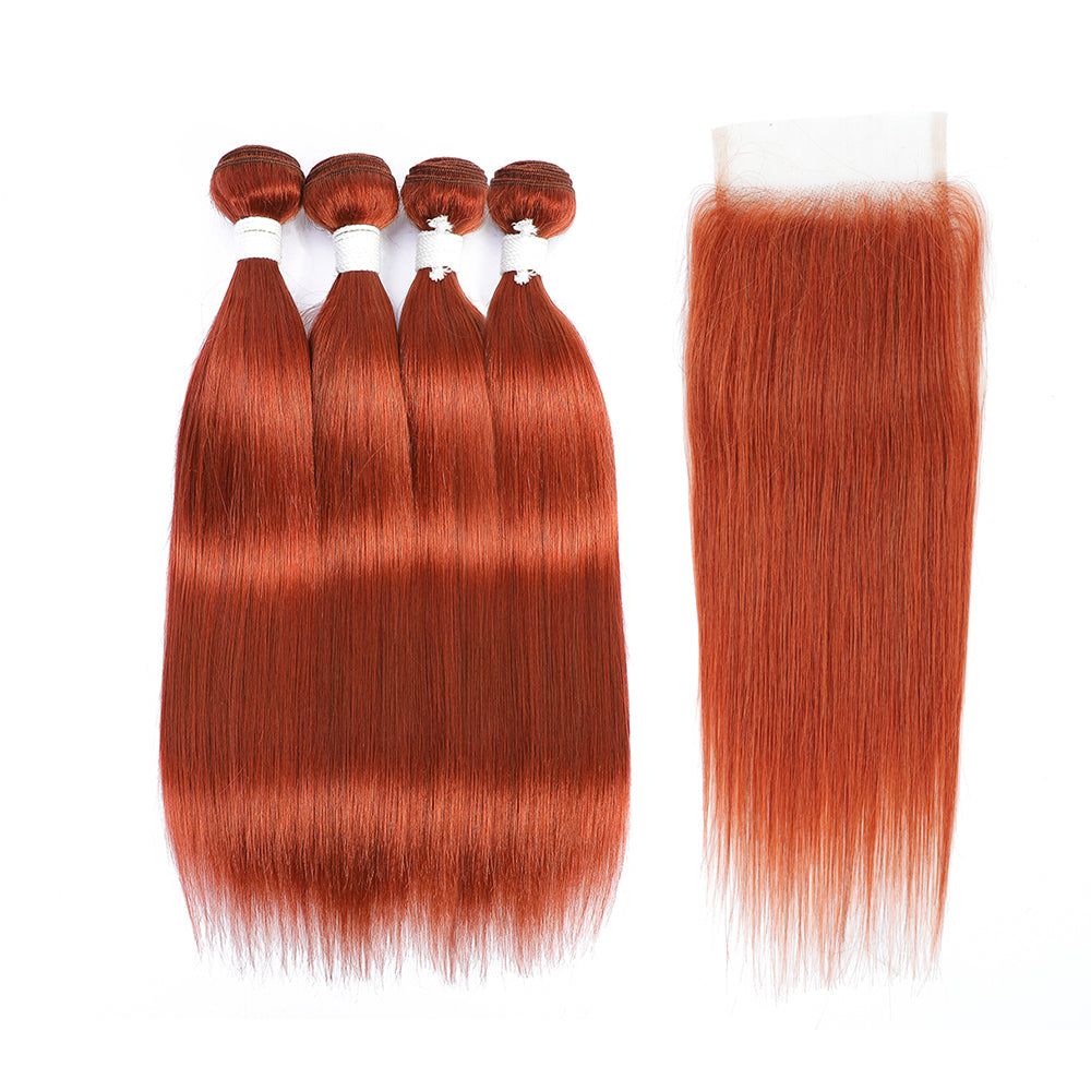 Kemy Hair Straight Burnt Orange Remy Human Hair 4Bundles with 4×4 Lace Closure(350#)