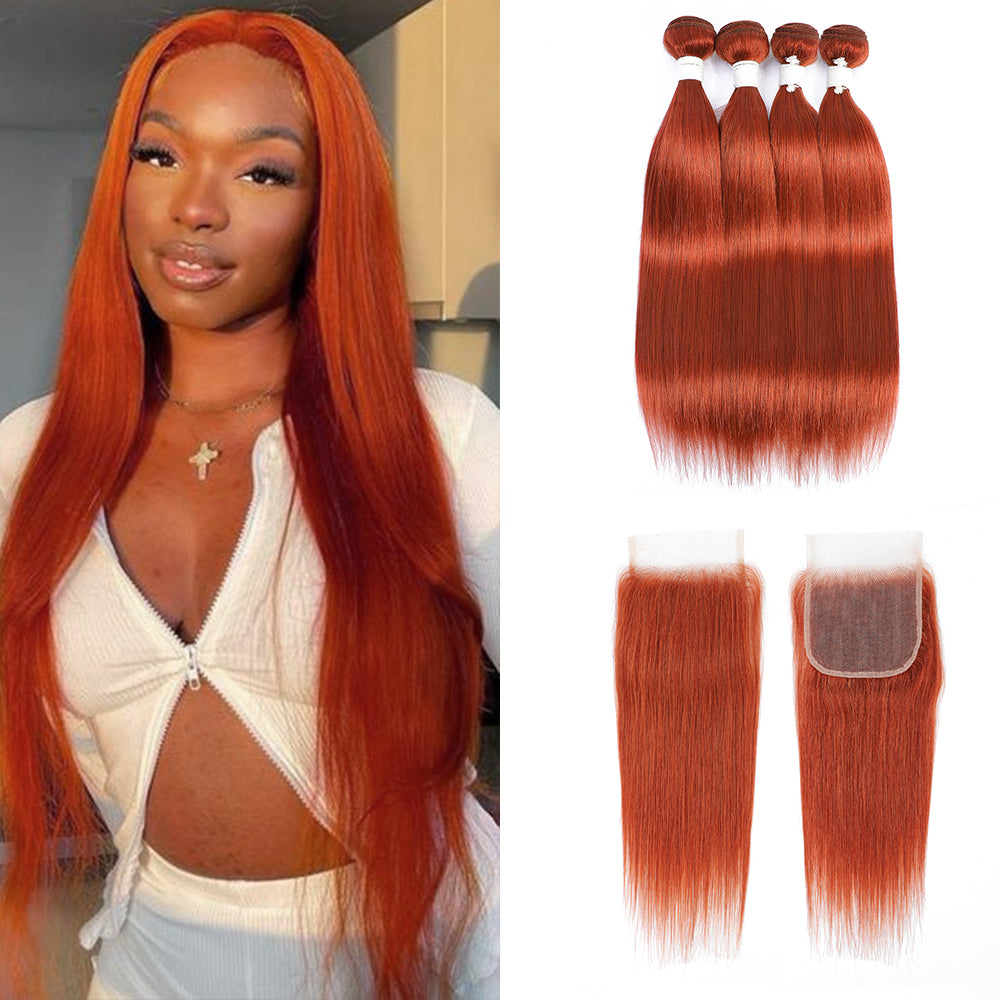 Kemy Hair Straight Burnt Orange Remy Human Hair 4Bundles with 4×4 Lace Closure(350#)