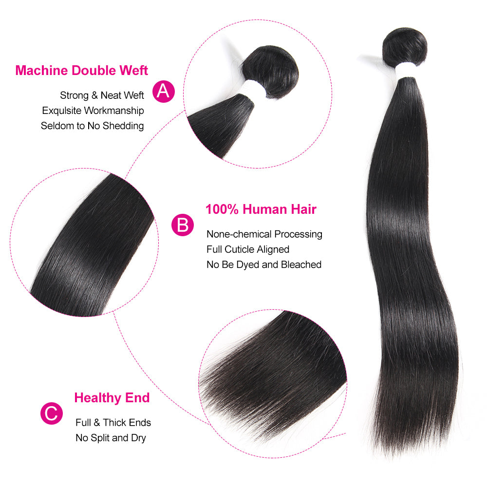 Kemy Hair Colored 100% Human Hair Weave Straight Hair Bundle 8-26 inch (1B)