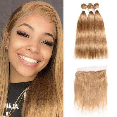 Kemy Hair Honey Blonde Brazilian Straight Human Hair Bundles With 13x4 Lace Frontal