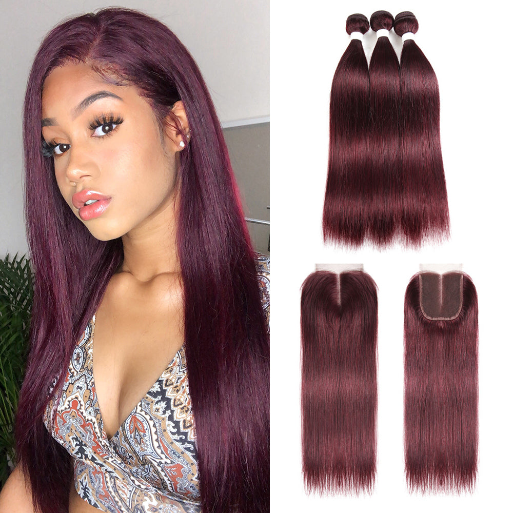 Kemy Hair 99j RedWine Brazilian Straight Human Hair 3 Bundles With Closure 4x4