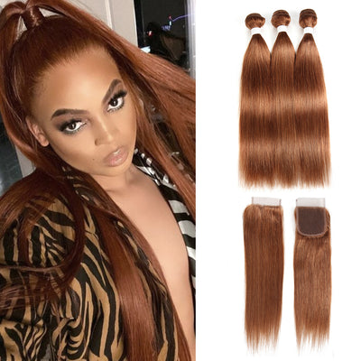 Kemy Hair Light Brown Straight Human Hair 3Bundles with 4×4 Lace Closure