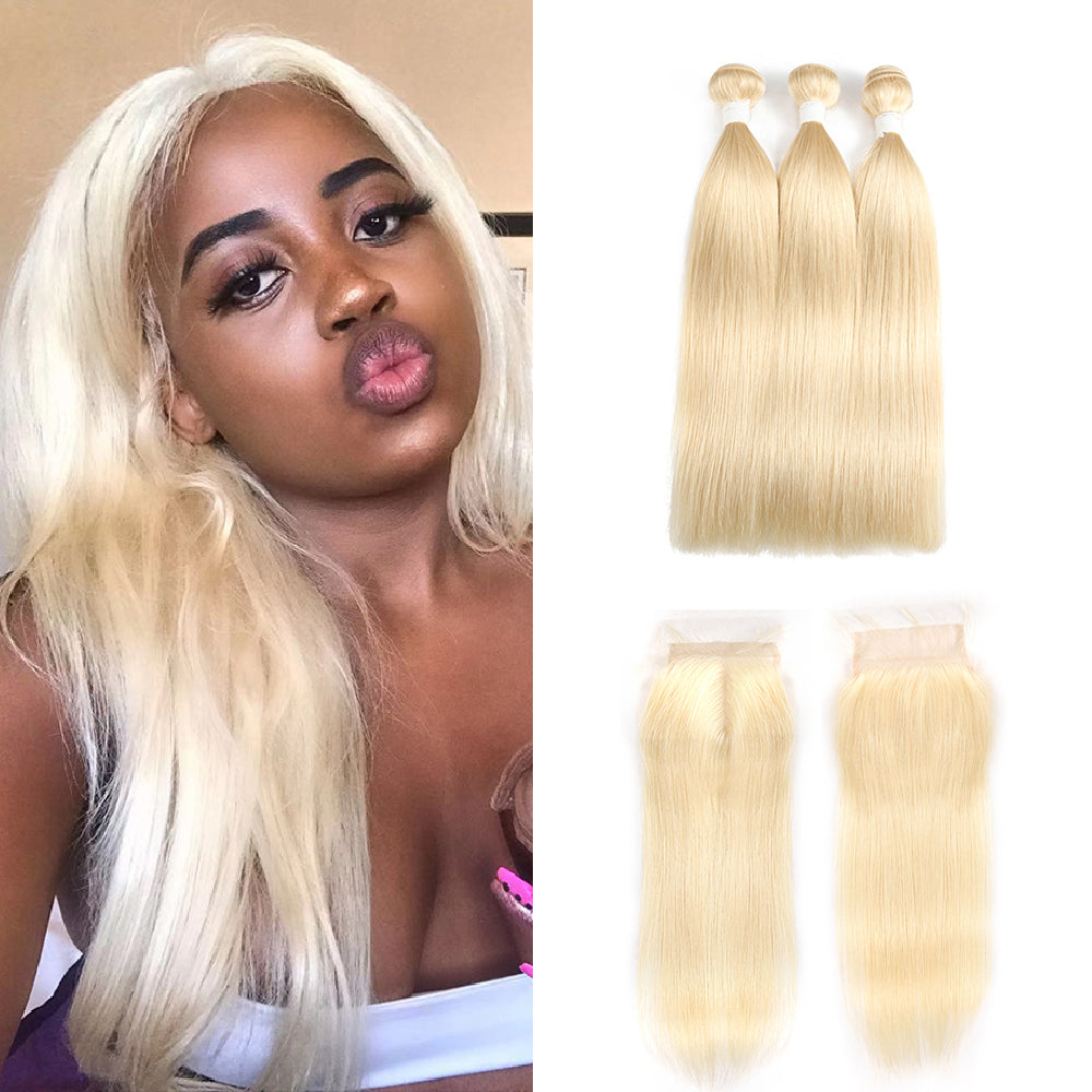 Straight 613 Blond Remy 3 Human Hair Bundles with One 4×4 Free/Middle Lace Closure (3576499175524)