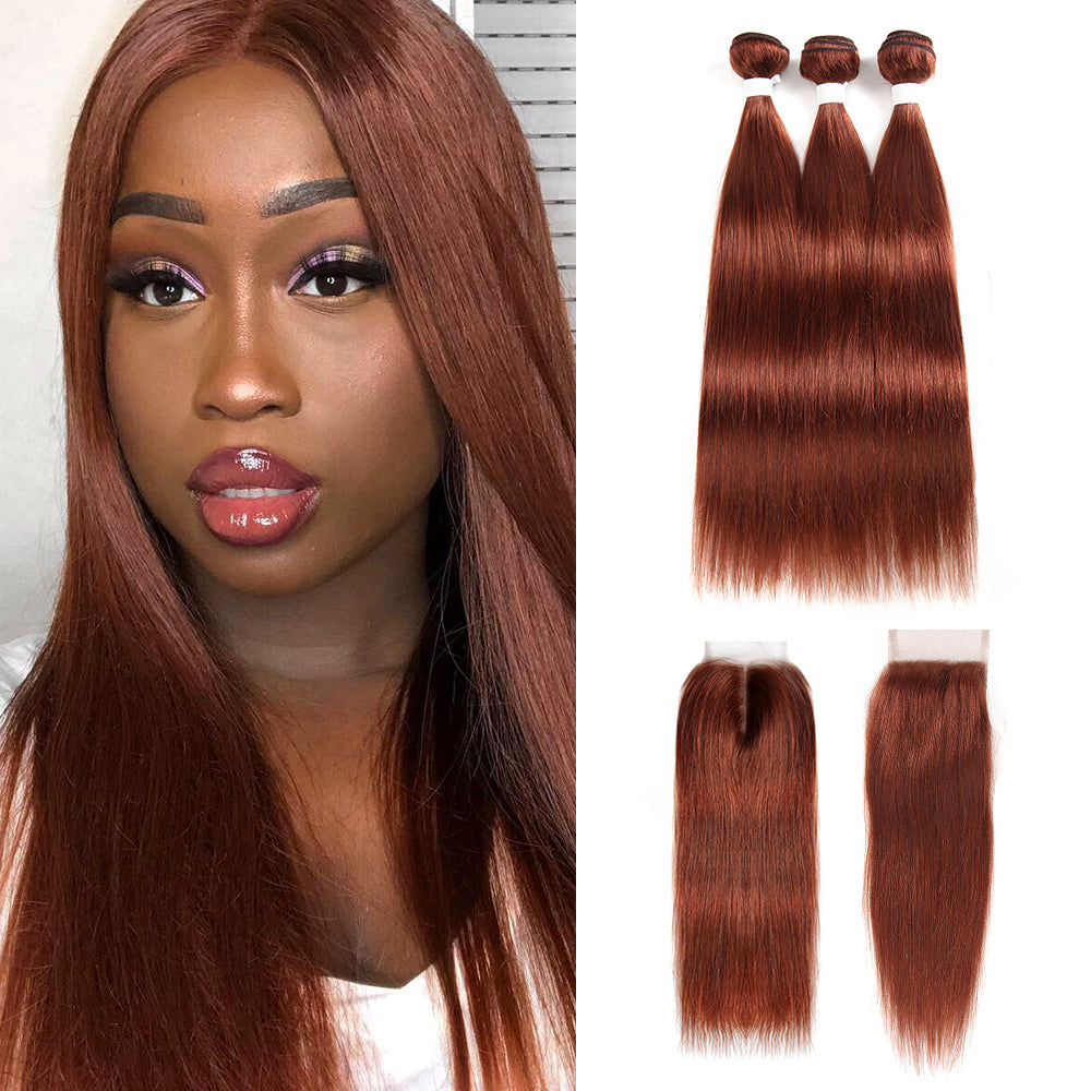 Straight Colored Human Hair Weave with Free /Middle Part 4×4 Lace Closure (33) (2782819909732)