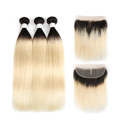 Straight Ombre Blond Remy 3 Human Hair Bundles with One 4×13 Free/Middle Lace Frontal (1B/613) (3947279646790)