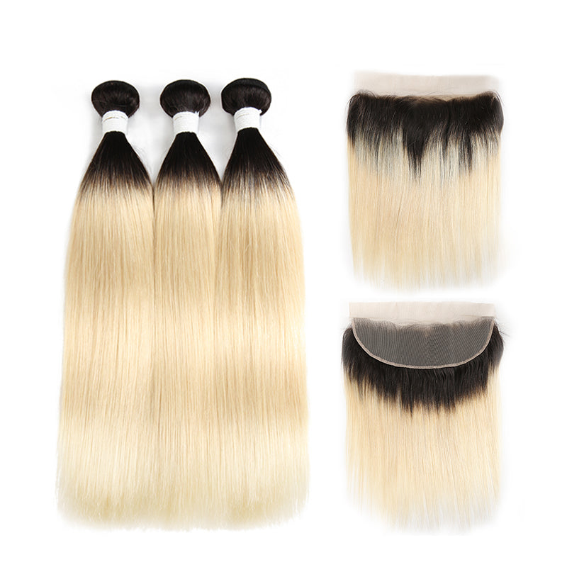 Straight Ombre Blond Remy 3 Human Hair Bundles with One 4×13 Free/Middle Lace Frontal (1B/613) (3947279646790)
