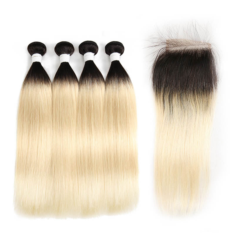 Straight Ombre Blond Remy 4 Human Hair Bundles with One 4×4 Free/Middle Lace Closure (1B/613) (3947290755142)