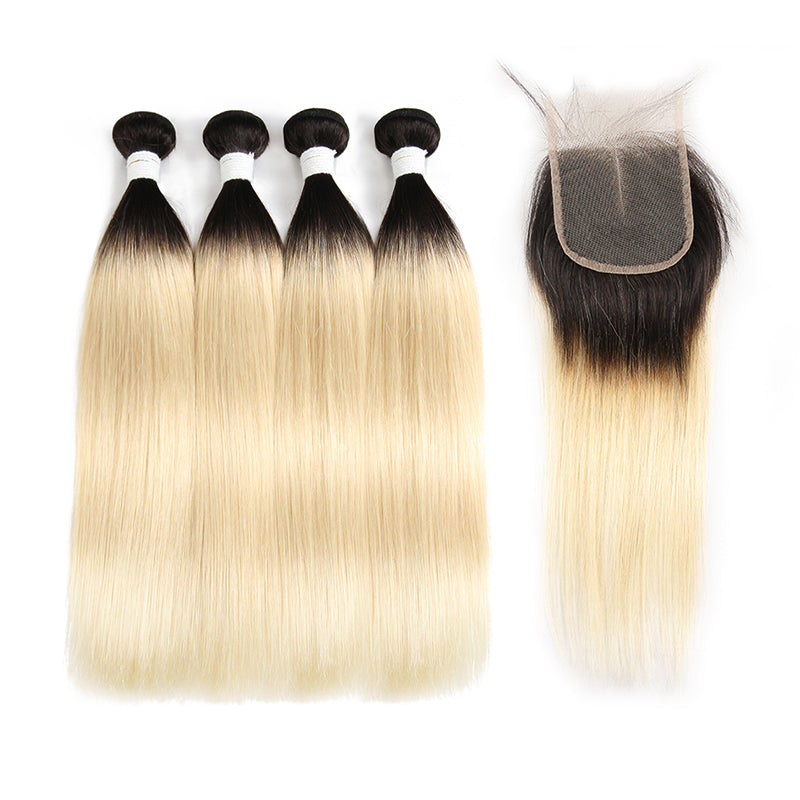 Straight Ombre Blond Remy 4 Human Hair Bundles with One 4×4 Free/Middle Lace Closure (1B/613) (3947290755142)