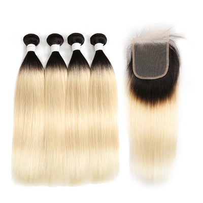 Straight Ombre Blond Remy 4 Human Hair Bundles with One 4×4 Free/Middle Lace Closure (1B/613) (3947290755142)
