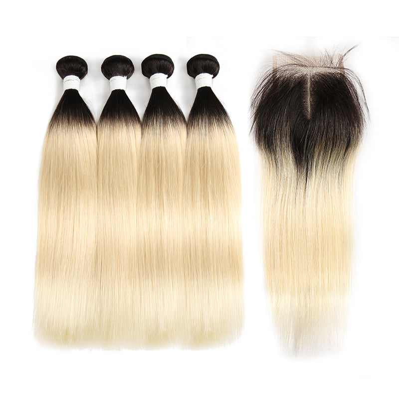 Straight Ombre Blond Remy 4 Human Hair Bundles with One 4×4 Free/Middle Lace Closure (1B/613) (3947290755142)