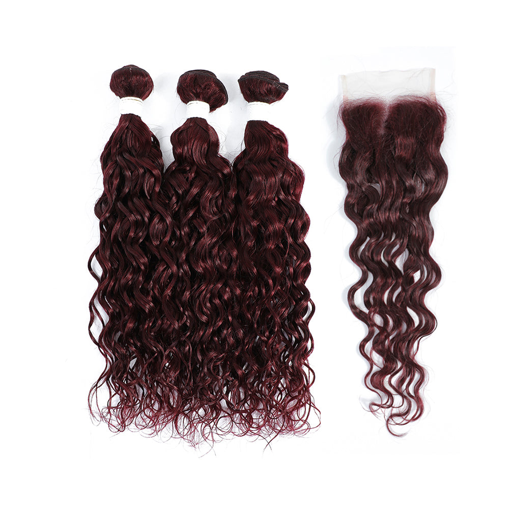 Kemy Hair 99j burgundy Water Wave Human Hair 3Bundles with 4×4 Lace Closure