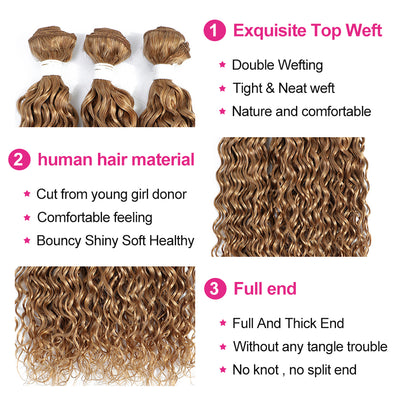 Kemy Hair Water Wave Honey Blonde Human Hair 3Bundles With 4×4 Lace Closure